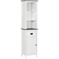 Kleankin - Armoire haute de salle de bain autoportante avec tiroir - blanc-Comprend une étagère ouverte à 3 niveaux, un tiroir et une armoire à 2 niveaux avec porte offrant un grand espace de rangement 