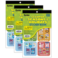 Eureka - Livre d'autocollants parfumés Saisons et Fêtes - 232 autocollants par livre - Paquet de 3-Vendu en paquet de 3 livres d'autocollants, chaque livre d'autocollants comprend 232 autocollants parfumés dans les parfums suivants : menthe, maïs caramel, guimauve et cannelle.