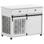PawHut - Meuble de cage pour chien 39 po L, avec 2 tiroirs de rangement, roulettes, 2 portes - blanc-Sert de table d’appoint élégante et d’abri confortable pour votre animal 