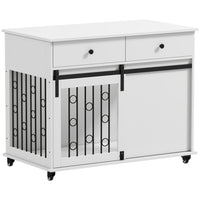 PawHut - Meuble de cage pour chien 39 po L, avec 2 tiroirs de rangement, roulettes, 2 portes - blanc-Sert de table d’appoint élégante et d’abri confortable pour votre animal 