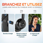 Delton - Casque stéréo Bluetooth sans fil 30X avec réduction de bruit pour ordinateur, dongle USB à appairage automatique et crochet pour casque, noir-Deux modes de recharge : directement via un câble ou sur une station d'accueil, offrant ainsi des options de recharge flexibles adaptées à différents besoins et environnements.