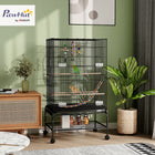 PawHut - Cage à oiseaux 43 po H avec support roulant, jouets, plateau amovible, étagère de rangement - noir-Deux grandes portes et huit petites portes pour un accès facile 