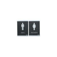 Headline Sign - Affiches « MEN » et « WOMEN », paq. combiné, anglais-Aspect contemporain - argent sur noir avec pictogrammes et braille  