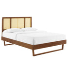 Modway - Kelsea Canne et bois Lit à plateforme complet avec pieds angulaires, Noyer-Construction en bois, MDF et placage