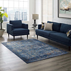 Modway - Minu Treillis floral vieilli Tapis de 5 pi l x 8 pi L - Bleu foncé, jaune et orange-Tissage serré à poil bas
