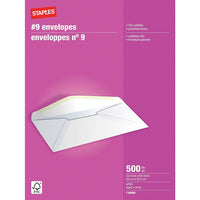 Staples - Enveloppes blanches de première qualité n° 9, 3 7/8 po x 8 7/8 po, bte/500 - caoutchoutées-N&deg; 9 (3 7/8 po x 8 7/8 po)  