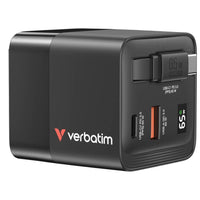 Verbatim - Chargeur GaN 65 W avec câble rétractable-Câble rétractable USB C PD 65W avec 2 ports de sortie 1 x USB C PD 65W et 1 x USB A QC 3.0