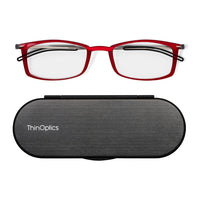 ThinOptics FrontPage collection, Brooklyn 1.5 Lecteur avec Milano Pod Noir - Rouge-Existe en deux beaux styles, le Brooklyn rectangulaire et le Manhattan ovale, et est flatteur pour les hommes et les femmes.