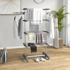 HOMCOM - Séchoir à vêtements à 4 niveaux avec roulettes pour intérieur et extérieur - gris-Doté de 4 niveaux de supports réglables en hauteur avec pinces ondulées et de 2 ailes latérales avec fentes 