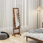 HOMCOM - Armoire à bijoux miroir avec lumières led - 14,25 po L x 11,75 po l x 53,5 po H - brun rustique-Grand espace de rangement : 32 encoches pour boucles d’oreilles, 70 emplacements pour bagues, 12 crochets pour colliers et bracelets, 3 étagères de rangement 
