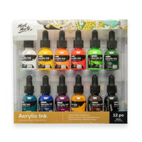 Mont Marte - Ensemble de 12 encres acryliques de qualité supérieure - Couleurs essentielles-Performance ultra-fluide: L'encre acrylique ultra-fluide vous aide à créer des détails fins, des lavis lisses et des traits précis grâce à de multiples techniques