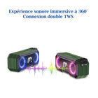 MyBat - Enceinte d'extérieur sans fil, portable, robuste et étanche - Vert armée-Lumières LED festives : Des lumières clignotantes vives éclairent les chemins et créent une ambiance festive.