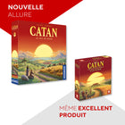 Jeu Catan, version française-Inclus dans la boîte : 19 tuiles de terrain, 6 pièces de cadre marin, 9 pièces de port, 18 jetons circulaires, 95 cartes de ressources, 25 cartes de développement, 4 cartes " coût de construction ", 2 cartes spéciales, 16 villes (4 de chaque couleur), 20 colonies (5 de chaque couleur), 60 routes, 2 dés, 1 voleur, 1 livre de règles.
