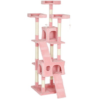 PawHut - Arbre à chat 68 po, tour à chat grande taille à plusieurs niveaux, rose-Arbre à chat haut à plusieurs niveaux avec 3 x plateformes supérieures, 2 x grands condos, 2 x échelles, 3 x jouets suspendus pour que le chat puisse jouer 