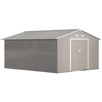 Abri de jardin Outsunny 11' x 13' avec kit de fondation - Gris clair-Grand espace intérieur pour ranger des outils, un vélo, des outils de jardin, du matériel d'entretien de pelouse et plus encore
