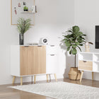 HOMCOM - Buffet 35,4 po L - blanc et bois naturel-Comprend 2 armoires fermées et un tiroir pratique pour le rangement des accessoires quotidiens, ustensiles, produits secs, ainsi que des assiettes et plats 