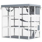 PawHut - Enclos extérieur pour chat 71 po Catio avec bâche imperméable, gris-Espace spacieux comprenant un hamac, un condo, des échelles et des plateformes de jeu 