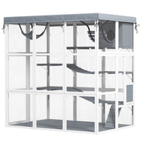 PawHut - Enclos extérieur pour chat 71 po Catio avec bâche imperméable, gris-Espace spacieux comprenant un hamac, un condo, des échelles et des plateformes de jeu 