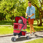 PawHut - Poussette de luxe à 3 roues pour animaux avec frein, auvent, porte-gobelets, rouge-Roues verrouillables pour une conduite fluide et sécurisée 