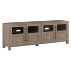 Hudson&Canal - Meuble TV Holbrook pour téléviseurs jusqu'à 75" - Chêne gris vieilli-Comprend quatre portes avec des armoires fermées et 4 étagères pour un rangement suffisant, la moitié supérieure de chaque porte comporte un panneau de verre, tandis que la moitié inférieure est en MDF massif