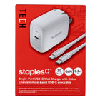 Chargeur mural USB-C GaN 30 W de Staples avec câble tressé USB-C de 3 pi – Blanc-Le chargeur mural PPS (Power Delivery) à un port USB-C de 30 W alimente vos appareils plus rapidement qu’un chargeur USB standard de 5 W