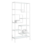 Monarch Specialties - 7159 72 po H Etagere - Metal Blanc Et Verre Trempe-Donnez à votre maison un look audacieux et moderne avec cette bibliothèque unique de 72 po de haut. en métal blanc et verre trempé épais. Ce meuble chic et sans dossier dispose de 9 étagères asymétriques de différentes tailles, parfaites pour exposer vos livres, cadres ou autres objets décoratifs préférés. Cette unité élégante sera un excellent ajout à votre bureau à domicile, salon, chambre à coucher ou même au couloir pour que vous r