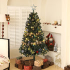 HOMCOM - Sapin de Noël artificiel pré-éclairé de 6' avec LED et décorations-Huit modes d'éclairage : éclairage continu, mode clignotant, etc 