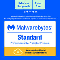 Malwarebytes Standard Premium Security Bilingue - 5 appareils - Abonnement d'un an [Téléchargement]-Une adresse e-mail valide doit être fournie lors du paiement