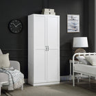 Manhattan Comfort - Hopkins armoire de rangement moderne à 7 étagères 29,61 po - Blanc-Conception de porte géométrique rectangulaire verticale avec poignées de tirage en métal noir