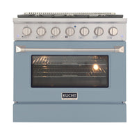 Kucht - 36 po Série KNG Cuisinière Pro Style au gaz naturel - Acier inoxydable/Bleu pâle-Cuisez et pâtissez comme un pro grâce au four à convection extra-grand offrant une capacité de 4,2 pi³, une configuration à cinq grilles et une vaste fenêtre d’observation