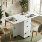 HOMCOM - Table à manger pliante à roulettes avec abattant, tiroirs et armoire de rangement pour 4-6 personnes - blanc marbré-6 roues facilitent son déplacement, dont 4 avec freins pour le maintenir en place 