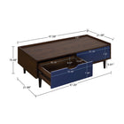 Manhattan Comfort - Table basse Duane 120 cm style mid-century moderne - marron foncé et bleu marine-Poignée à courbe ouverte avec capacités de porte coulissante au-dessus du côté du tiroir