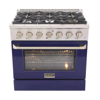 Kucht - 36 po Série KDF Cuisinière Pro Style au gaz naturel - Acier inoxydable/Bleu-Cuisinez et pâtissez comme un professionnel avec le four à convection extra-large de 5,2 pi³, configuration à 5 grilles et grande fenêtre de four