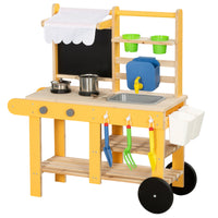 Qaba - Cuisine boue pour enfants d’extérieur avec roues, évier, cuisinière, robinet, étagère de rangement - jaune-Comprend un robinet et un évier fonctionnels permettant un jeu d'eau réaliste et amusant  
