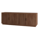 Hudson&Canal - Meuble TV rectangulaire cannelé Mero pour téléviseurs jusqu'à 75 pouces, finition noyer satiné-Le plateau supérieur supporte un poids maximal de 34 kg (75 lb), les étagères inférieures peuvent supporter chacune 11 kg (25 lb)