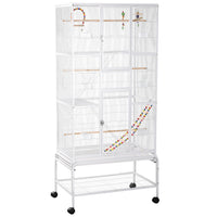 PawHut - Cage à oiseaux grande 3 niveaux 71 po H, avec roulettes, perchoirs, rampe, étagère de rangement, jouets - blanc-Espace de vie spacieux et espacement des barreaux de 1 cm, pour les mandarins, canaris, perruches, inséparables, calopsittes et plus encore 