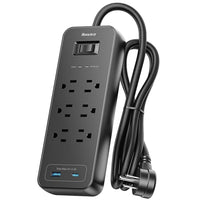 ShoppingAll - Huntkey parasurtenseur multiprise avec 6 prises et 2 ports USB – 4 pi – noir-Comprend 6 prises c.a., 1 port USB-A et 1 port USB-C avec sortie partagée de 5 V/2,4 A pour téléphones, tablettes, ordinateurs, téléviseurs et autres appareils du quotidien