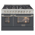 Kucht - 48 po Série KDF Cuisinière Pro Style à double combustible - Acier inoxydable/Gris ciment-Cuisinez et pâtissez comme un professionnel grâce à deux fours séparés avec grandes fenêtres de four : le four principal en porcelaine bleue robuste offre 4,2 pi³ de capacité, tandis que le four latéral additionnel dispose de 2,5 pi³