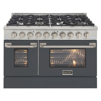 Kucht - 48 po Série KDF Cuisinière Pro Style à double combustible - Acier inoxydable/Gris ciment-Cuisinez et pâtissez comme un professionnel grâce à deux fours séparés avec grandes fenêtres de four : le four principal en porcelaine bleue robuste offre 4,2 pi³ de capacité, tandis que le four latéral additionnel dispose de 2,5 pi³