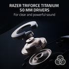 Razer - Blackshark V2 PRO PlayStation Casque esport sans fill pour Playstation 5 - Blanc-Haut-parleurs en titane 50 mm razer triforce: un son clair et puissant. notre casque gaming sans fil pour xbox ou playstation/ps5 est doté de membranes revêtues de titane pour une clarté accrue. sa conception brevetée sépare les membranes en 3 parties pour un réglage individuel des aigus, des médiums et des graves. résultat : un profil sonore plus dynamique avec des médiums plus précis, des aigus plus riches et des bass