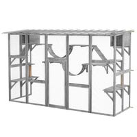 PawHut - Grand enclos extérieur pour chat avec condos, plateformes et échelles pour chat - 118,1 po L x 37,4 po l x 74 po H - gris-Les chats peuvent entrer et sortir indépendamment par la fenêtre 