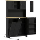 HOMCOM - Armoire de cuisine avec station de recharge et compartiment pour poubelle - noir-Trois prises CA et un interrupteur pour charger facilement vos appareils 