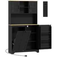 HOMCOM - Armoire de cuisine avec station de recharge et compartiment pour poubelle - noir-Trois prises CA et un interrupteur pour charger facilement vos appareils 