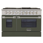 Kucht - 48 po Série KNG Cuisinière Pro Style au gaz naturel - Acier inoxydable/Vert olive-Cuisinez et pâtissez comme un professionnel grâce à deux fours séparés dotés de larges vitres. Le four principal est un four robuste en porcelaine bleue d’une capacité de 4,2 pi³, tandis que le four latéral supplémentaire offre une capacité de 2,5 pi³
