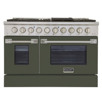 Kucht - 48 po Série KNG Cuisinière Pro Style au gaz naturel - Acier inoxydable/Vert olive-Cuisinez et pâtissez comme un professionnel grâce à deux fours séparés dotés de larges vitres. Le four principal est un four robuste en porcelaine bleue d’une capacité de 4,2 pi³, tandis que le four latéral supplémentaire offre une capacité de 2,5 pi³