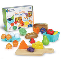 Learning Resources - Actualités Marché aux choux frais Set - Ensemble de 27-Une nouvelle approche des aliments et accessoires de jeu ! : des œufs à casser à une planche de charcuterie tendance, cet ensemble d'aliments de jeu pour les cuisines des enfants est prêt pour les festins imaginaires !