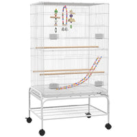 PawHut - Cage à oiseaux 43 po H avec support roulant, jouets, plateau amovible, étagère de rangement - blanc-Espace de vie spacieux et espacement des barreaux de 0,4 po (1 cm), pour les pinsons, inséparables, canaris, perruches ondulées, perruches et plus encore 