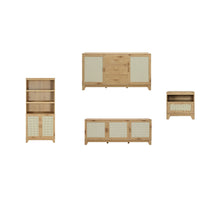 Manhattan Comfort - Ensemble de 4 : Meuble TV, bibliothèque, buffet et table d’appoint Sheridan style Mid-Century Modern - Nature-Ensemble de 4 - Salon moderne en rotin. Comprend une bibliothèque, un buffet, un meuble TV et une table d’appoint