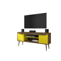 Manhattan Comfort - Meuble TV Bradley 62,99 po style Mid-Century Modern - Brun Rustique et Jaune-Meuble TV autoportant de style mid-century modern pour salon et chambre