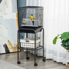 PawHut - Cage à oiseaux 44 po H avec accessoires, roulettes, support amovible, rangement - noir-Comprend deux perchoirs en bois, une balançoire et deux coupelles en plastique pour la nourriture et l'eau 
